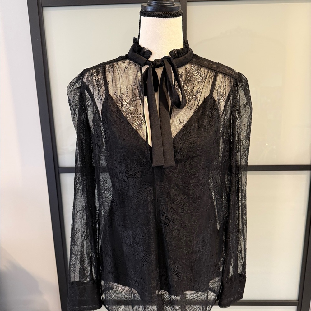 Maje Black Sheer Lace Blouse